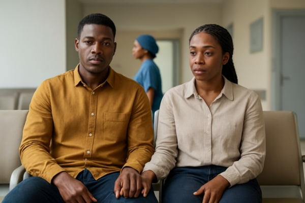Nigerian couple sitting in a hospital waiting room, holding hands with neutral expressions, while a nurse walks by, representing the uncertainty and anticipation around how long is the waiting list for fertility treatment.