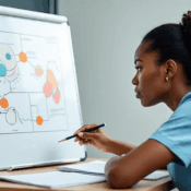 A photorealistic image of a Black woman looking concerned while sitting at home, visually representing the symptoms and challenges of premature menopause.