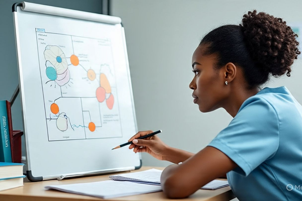 A photorealistic image of a Black woman looking concerned while sitting at home, visually representing the symptoms and challenges of premature menopause.