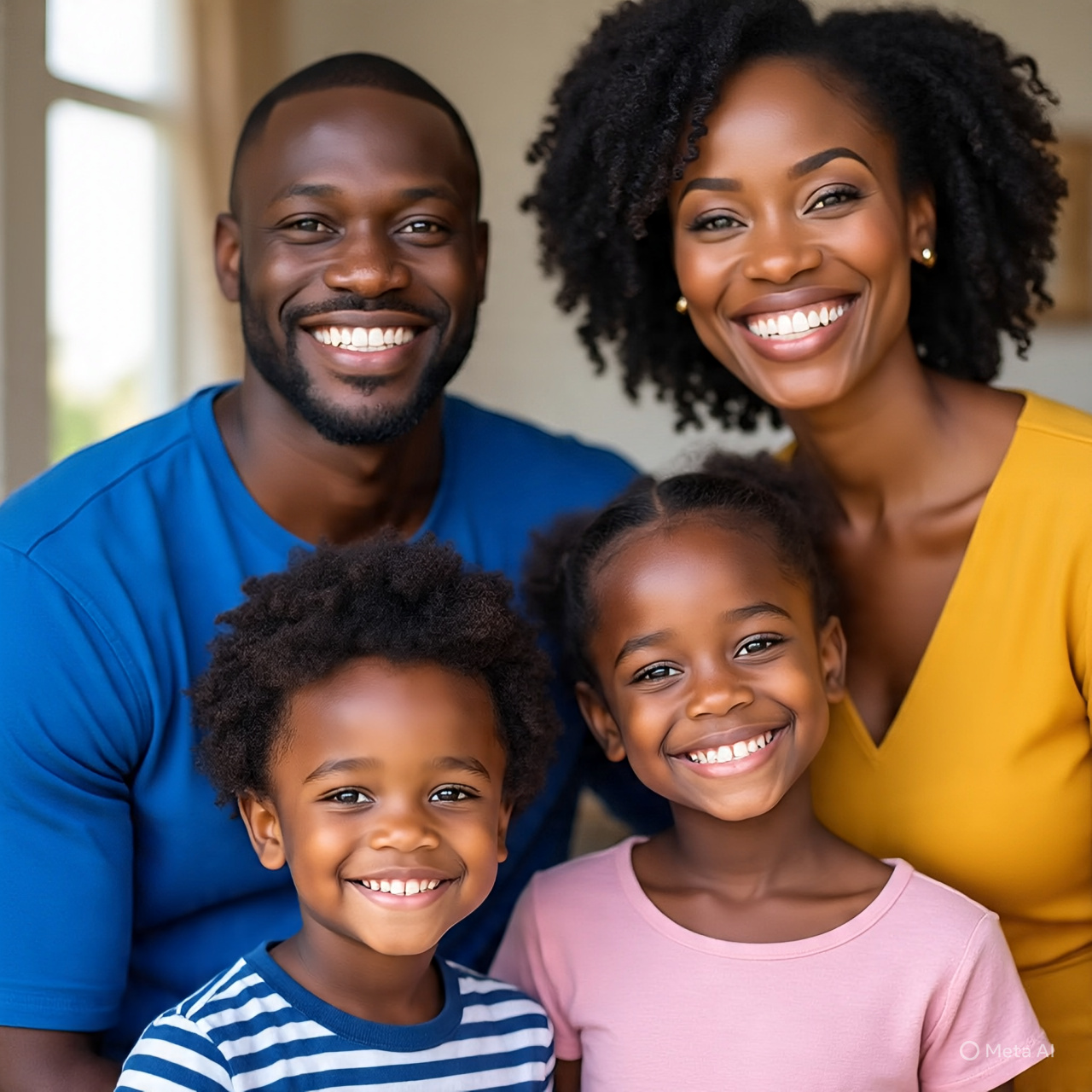 A photorealistic image of a Black happy family smiling and embracing each other, representing love, unity, and wellness, with a focus on Reproductive & Genetic Health.