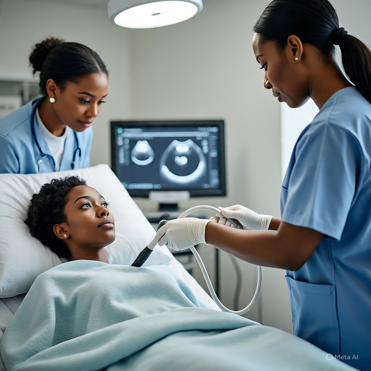 A photorealistic image of a modern fertility clinic where a Black woman lies on a hospital bed while a Black female doctor performs an egg donation procedure using an ultrasound-guided device, with a nurse monitoring medical equipment in a clean, bright, and professional environment.