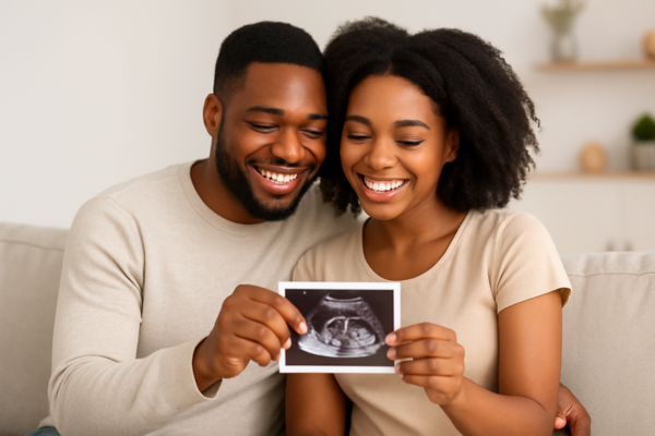 Happy African couple smiling while looking at their baby’s ultrasound results, symbolizing hope and success in fertility treatment, highlighting the emotional value behind IVF cost considerations