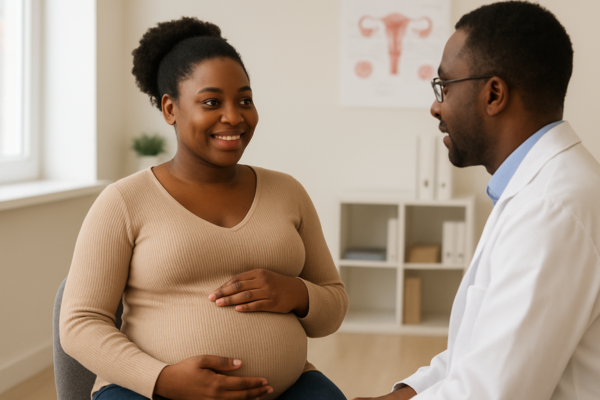 Pregnant Black woman gently holding her belly while consulting with a Black fertility doctor in a clinic, symbolizing hope and guidance for improving IVF success rate.