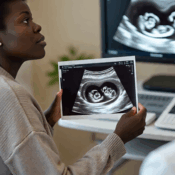 A photorealistic image of a Black couple during a fertility consultation, with a doctor explaining ultrasound results that show twin embryos, symbolizing the process of In Vitro Fertilization and Twins in a modern medical setting.