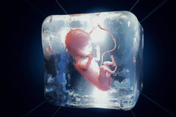 3D illustration of a cryopreserved embryo frozen in an ice cube, symbolizing fertility preservation and the hidden Cost for Embryo Transfer revealed in treatments.