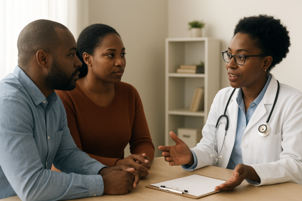 A doctor gently explaining infertility treatment options to a couple in a supportive clinic setting.
