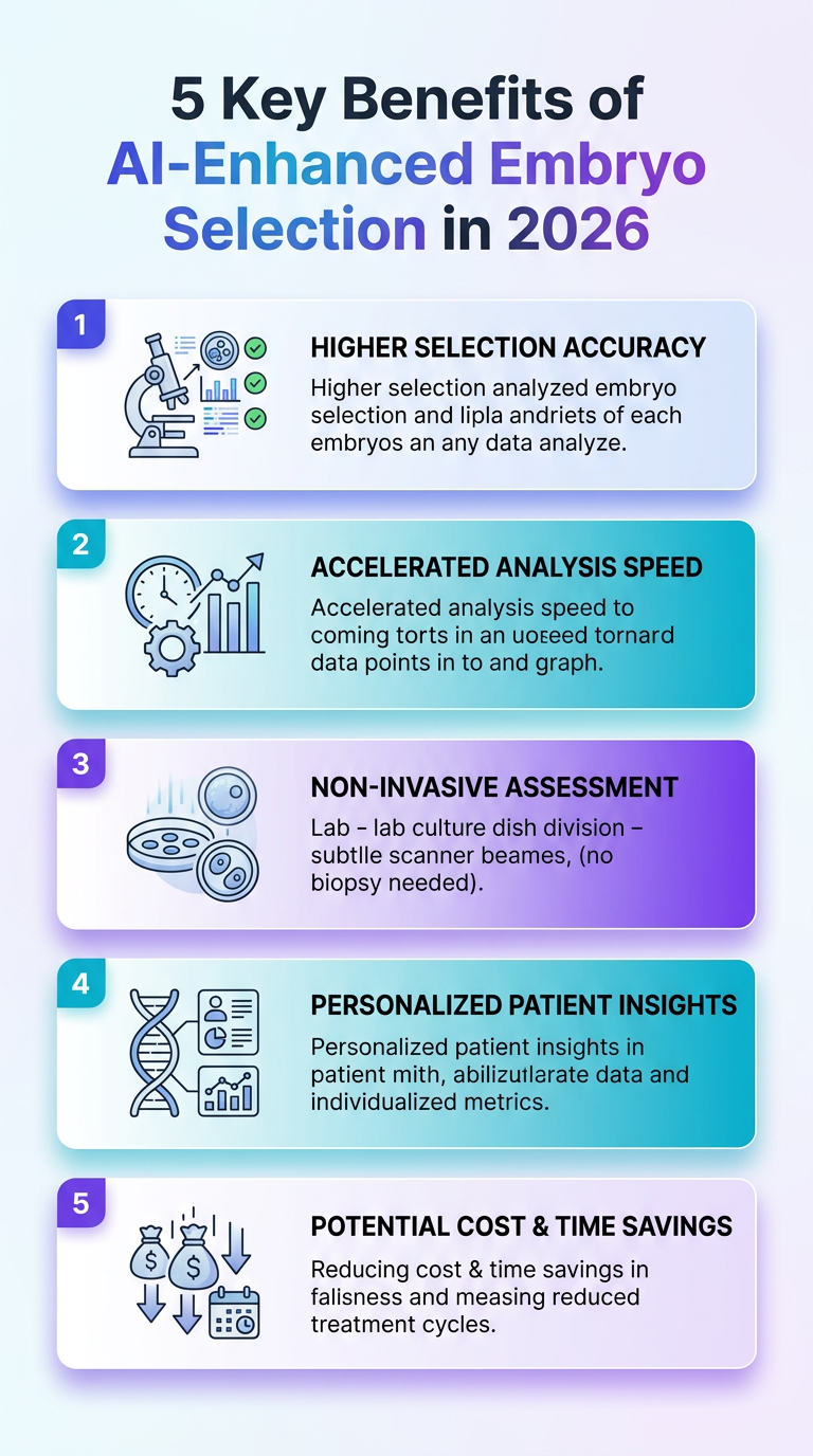 Infographic showing 5 key benefits of AI-enhanced embryo selection in 2026, from accuracy to ethical considerations.